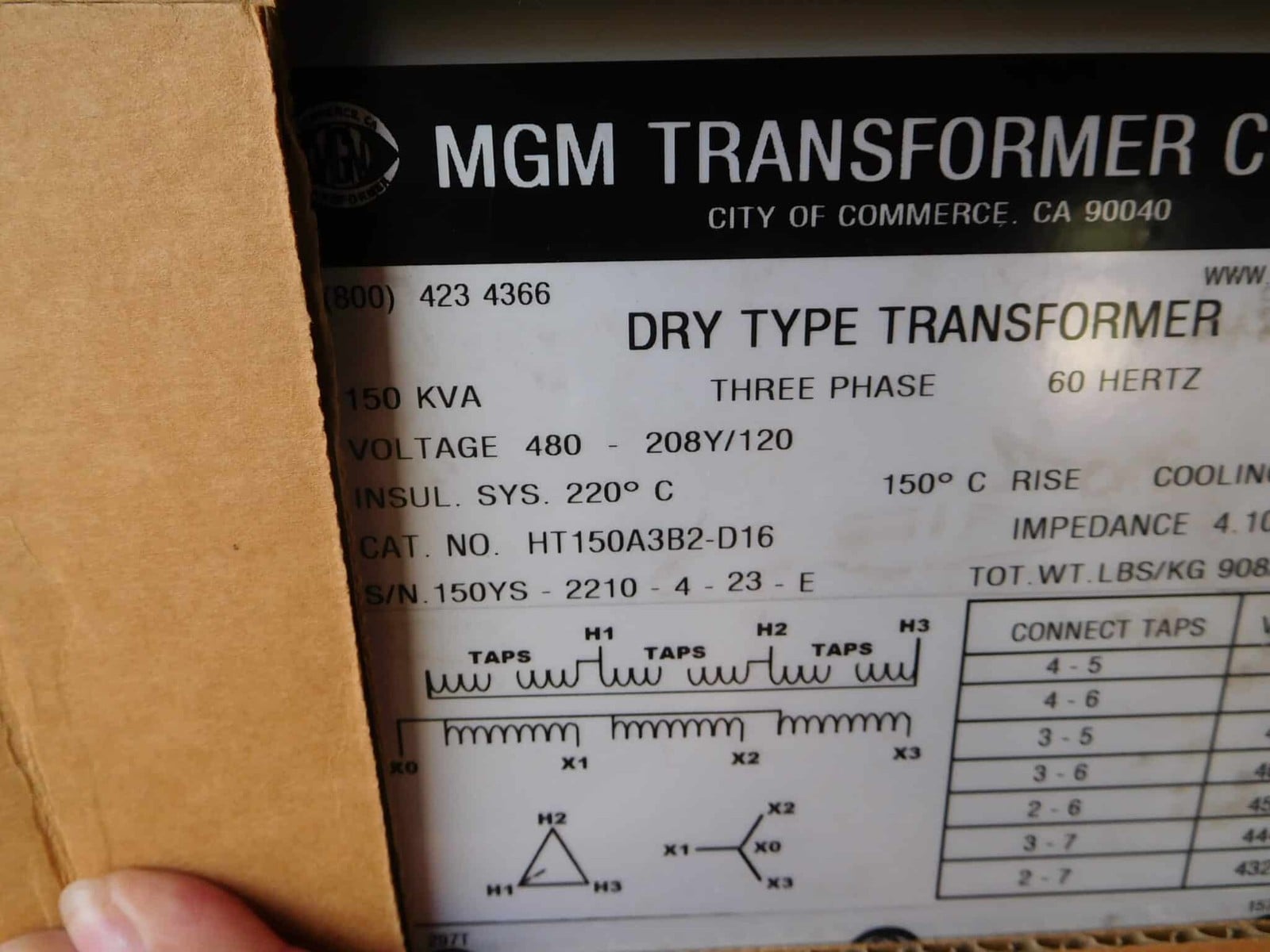 150 KVA 480 Primary, 208Y/120 Secondary, MGM #HT150A3B2-D16, Transformer, 3 Phase, Class AA, new - Image 5