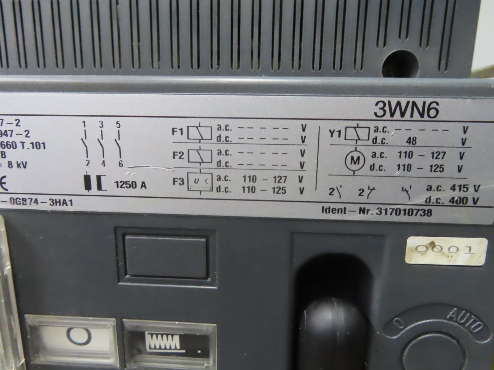 1250 Amps, Siemens #3WN6331-OGB74-3HA1, 3WN6 Air Circuit Breaker, 3-pole, 690 Volts - Image 4