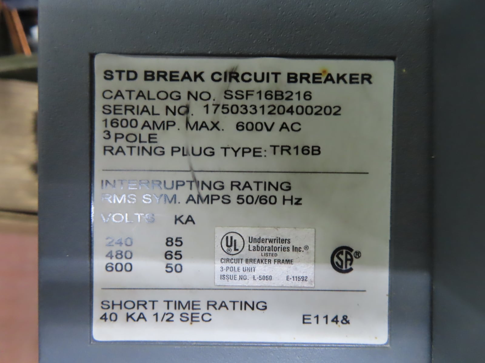 1600 Amps, General Electric #SSF16B216, Circuit Breaker, 3-pole, 600 Volts, Type TR16B trip - Image 2