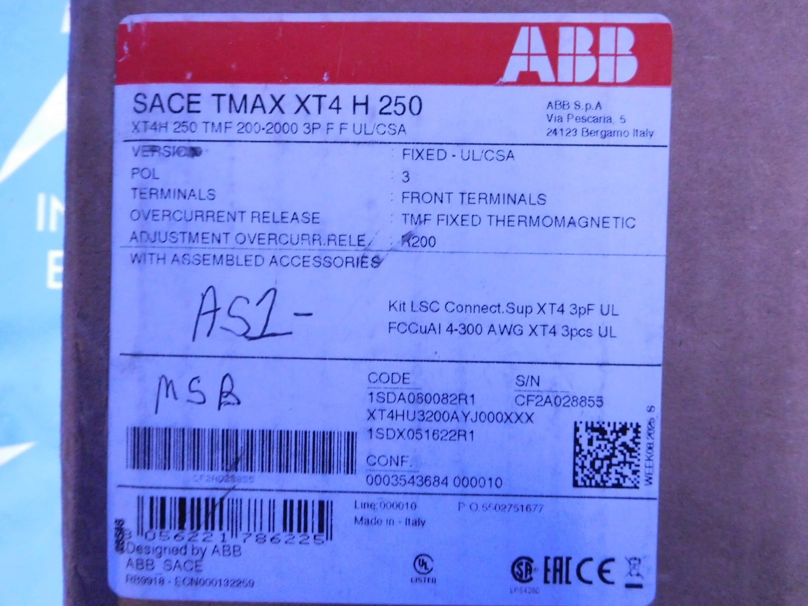 250 Amps, ABB #XT4HU3200AYJ000XXX, SACE Tmax XT4H 250 frame Circuit Breaker, 3-pole, TMF 200-2000 trip - Image 3