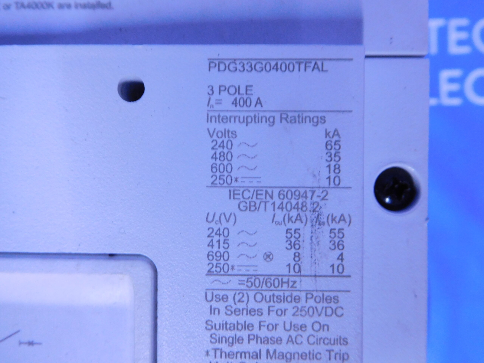 400 Amps, Eaton #PDG33G0400TFAL, Power Defense Molded Case Circuit Breaker, 3-pole, 600 Volts, 35 KA, new - Image 5