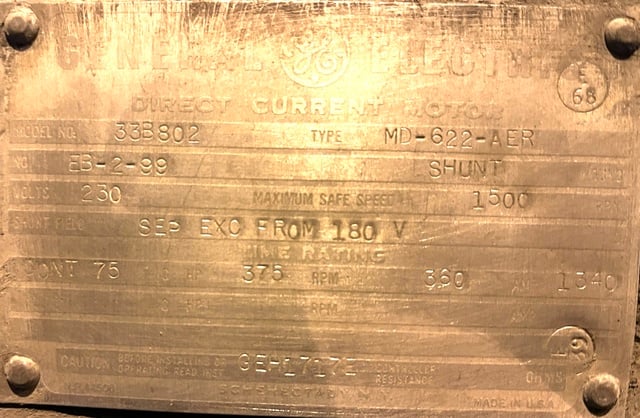 375 HP 360 RPM General Electric, Frame MD622AER, TEFV, Shunt, 230 Volts, DC Crane and Mill Motor - Image 3