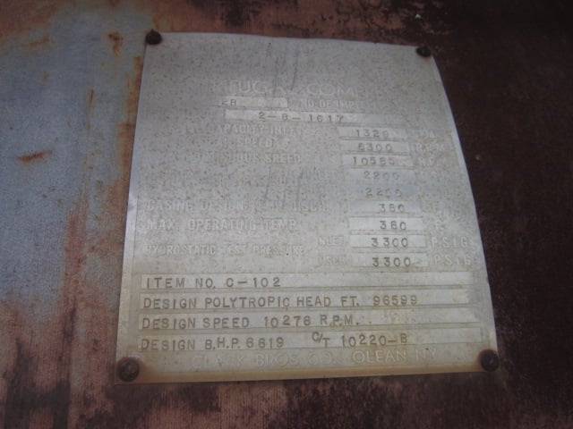 1329 ACFM, Clark #2BF8, centrifugal gas compressor, syn gas service, 819/1778 PSIA, 8 stage, 6619 HP, 10278 - Image 6