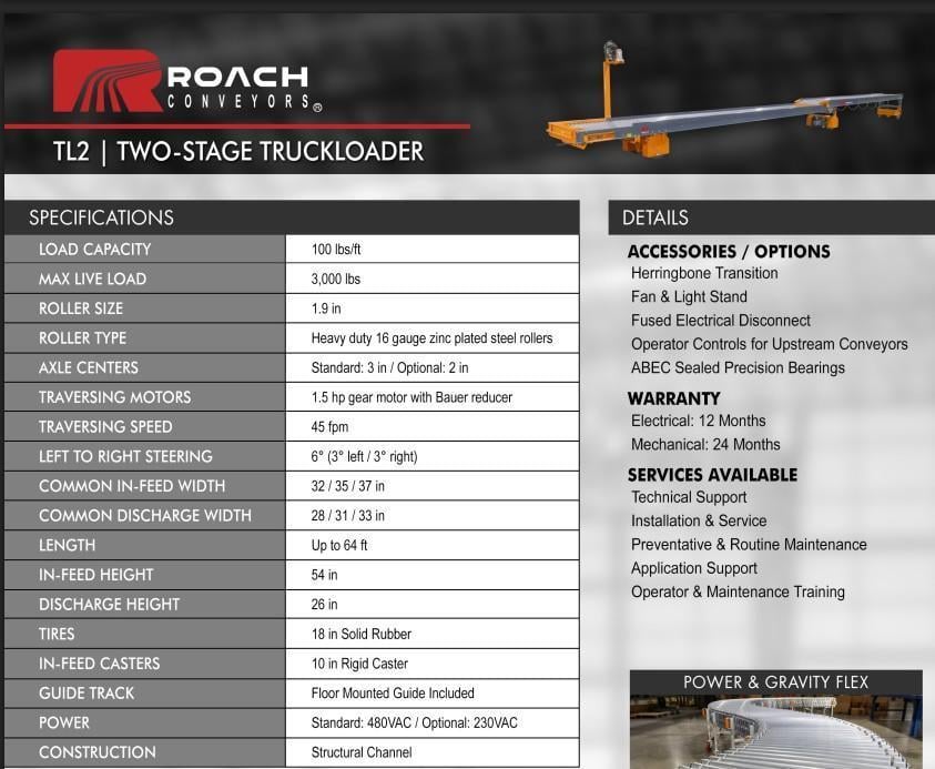 35" wide x 64' long, Roach #TL2, truckloader 2-stage powered telescoping roller conveyor - Image 4