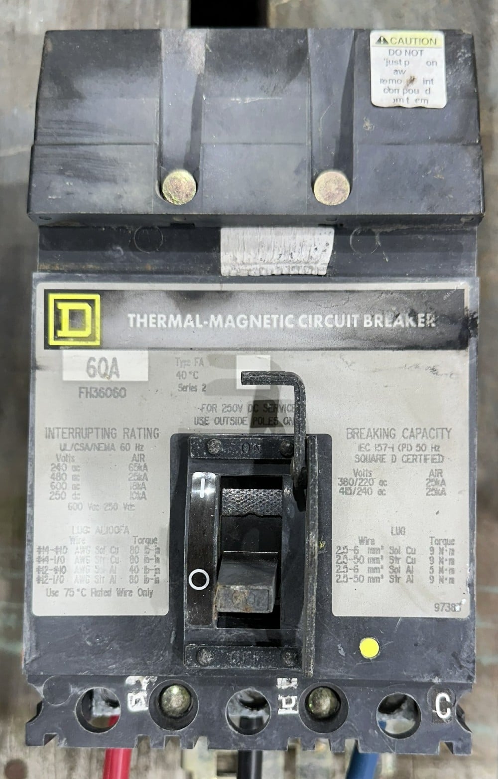 60 amps, Square D, FH36060, Thermal Magnetic Circuit Breaker, 3-Pole, 600 Volts, Type FA, Series 2 - Image 2