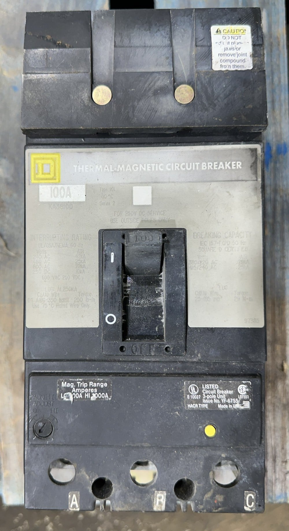 Square D Co., KA36100, 100 A, 3-Pole, 600V, Thermal Magnetic Circuit Breaker, 25kA I.R., Adjustable Magnetic - Image 3