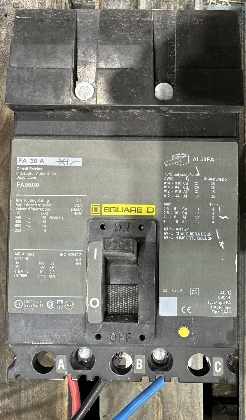 Square D Co., FA36030, 30 A, 3-Pole, 600V, Thermal Magnetic Circuit Breaker, Type FA, Series 2 - Image 3