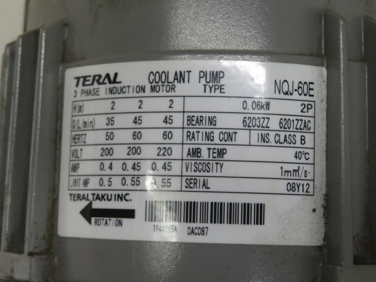 Teral #NQJ-60E, Coolant Pump, 54 L/Min. max discharge, 4.3 M max head, 0.06 KW, 200 V., 50/60 Hz., IP44, Rc - Image 4