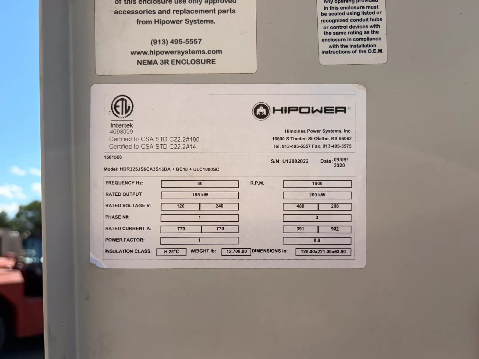 260 KW Hipower HTW #6090HFG06, diesel generator, enclosed, 480 Volts, 630 hours, 2020 - Image 6