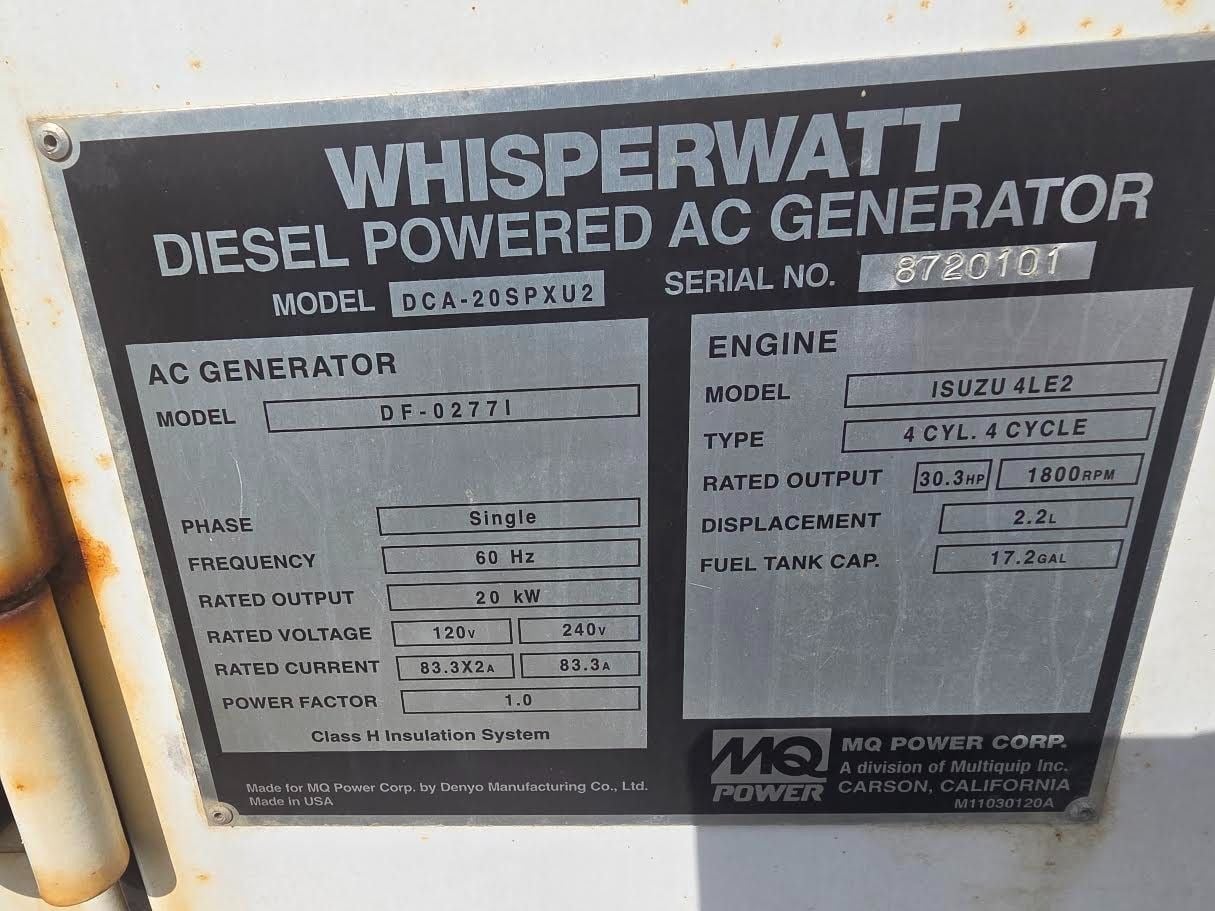 20 KW Multiquip #DCA-20SPXU2, diesel generator set, 120/240 Volts, 1-phase, 30 HP @ 1800 RPM, Isuzu 4LE2 - Image 5