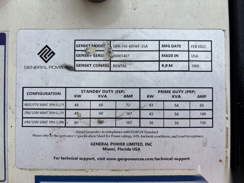 48 KW John Deere #GPR-J50-60T4iF-3SA, 277/480 Volts, 3-phase, 1800 RPM, John Deere 4045TF290, 4 cyl, 2022 (2 - Image 4