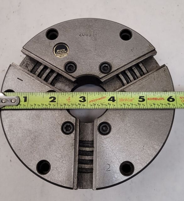 6" Buck #2063R, 3-jaw self-centering scroll lathe chuck, flat back, 1-1/2" thru hole, 3000 RPM, w/ chuck key - Image 5