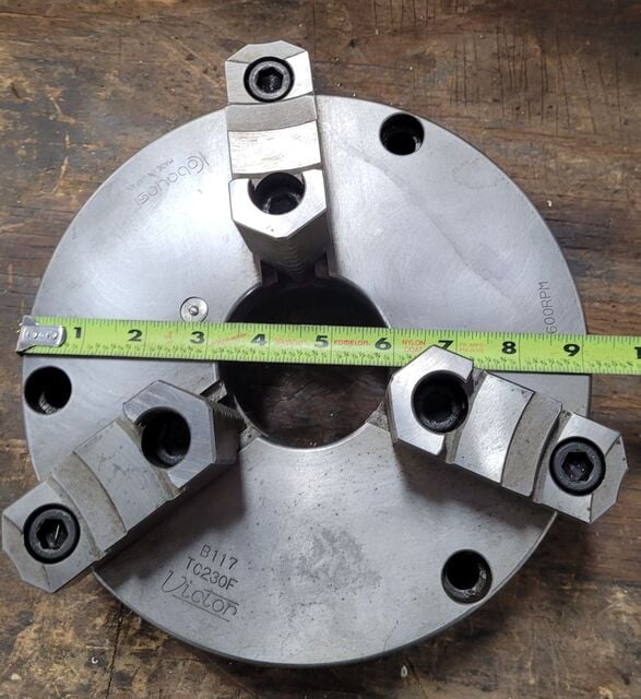 9" Kobayasi Victor #TC230F, 3-jaw lathe chuck, plain back, 2-3/4" thru hole, 1600 RPM, w/ chuck key, plate & - Image 5