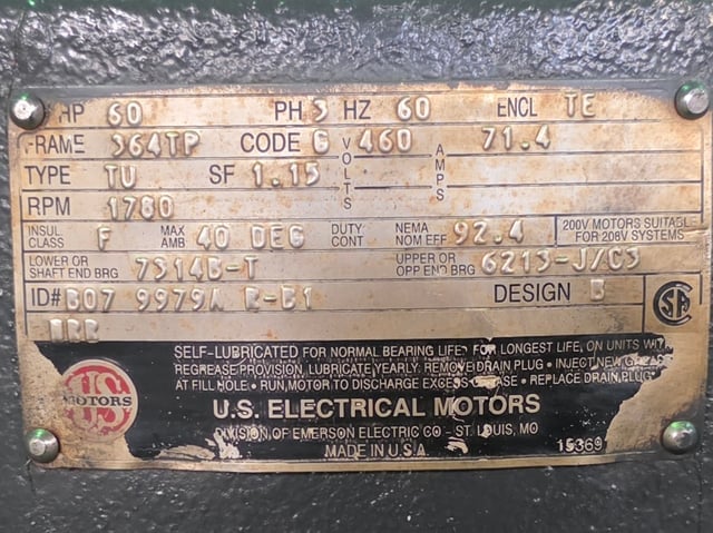 60 HP 1800 RPM U.S. Motors, Frame 364TP, TEFC BB, 460 Volts - Image 4