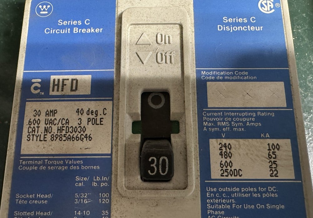 30 Amps, Westinghouse, C-Series, Molded Case Circuit Breaker, 3-Pole, Fixed / No Adjustable Trip - Image 1