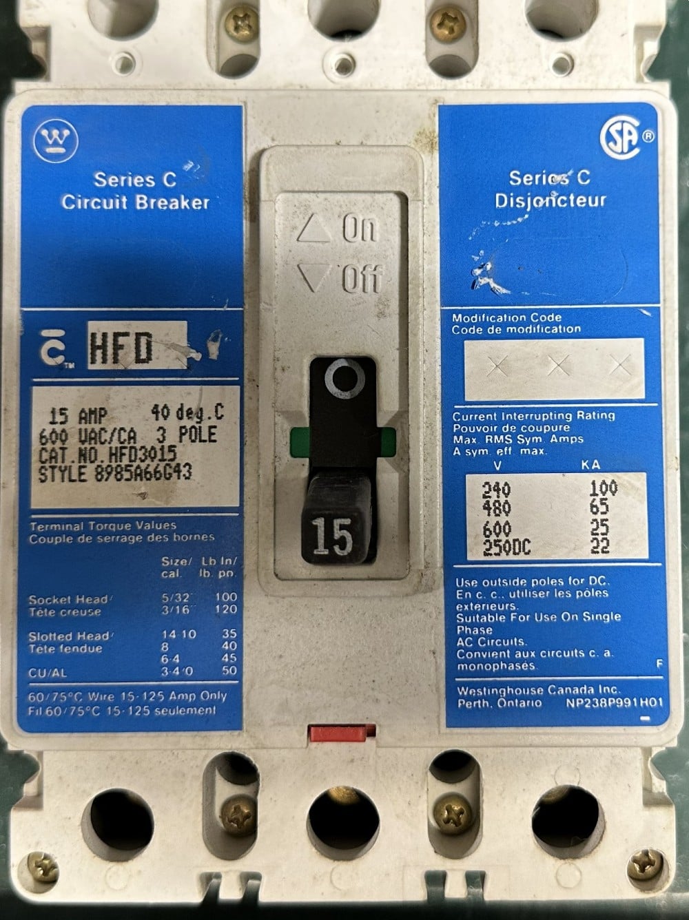 15 Amps, Westinghouse, C-Series, Molded Case Circuit Breaker, 3-Pole, Fixed / No Adjustable Trip - Image 3