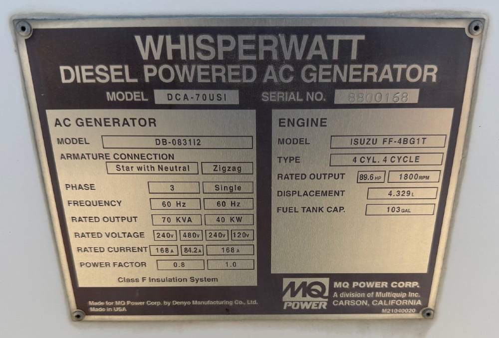 62 KW Multiquip #DCA70USI, diesel generator set, 277/480 Volts, 3-phase, 1800 RPM, Isuzu FF-4BG1T engine - Image 9