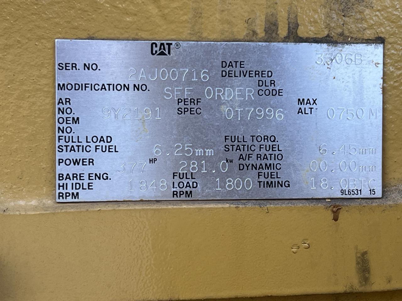 250 KW Caterpillar #SR4, diesel generator set, 3306 DITA engine, 480 Volts, 1/3 phase, open skid, 829 hours - Image 10
