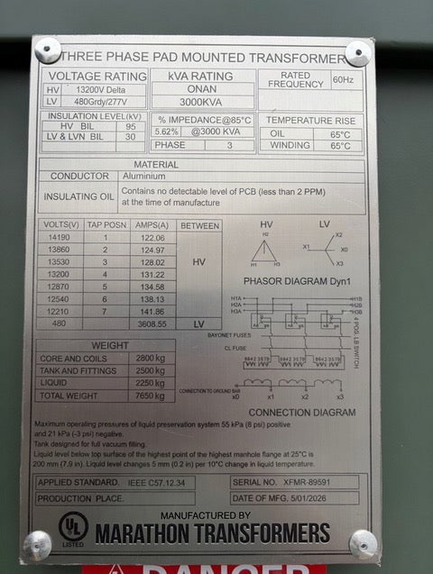 3000 KVA 13200 Primary, 480Y/277 Secondary, Marathon XFMR-89591, padmount transformer, 3 phase, new - Image 3