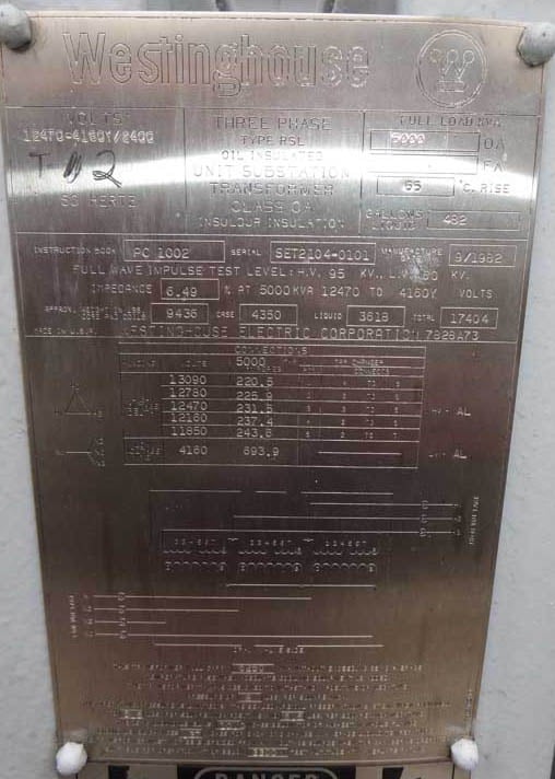 5000 kVA, 12470 delta Primary, 4160/2400 WYE Secondary, Westinghouse Substation - Image 1
