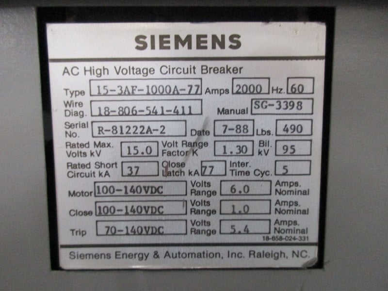 2000 Amps, Siemens, 15-3AF-1000A-77, 100-140 VDC vacuum retrofit - Image 2