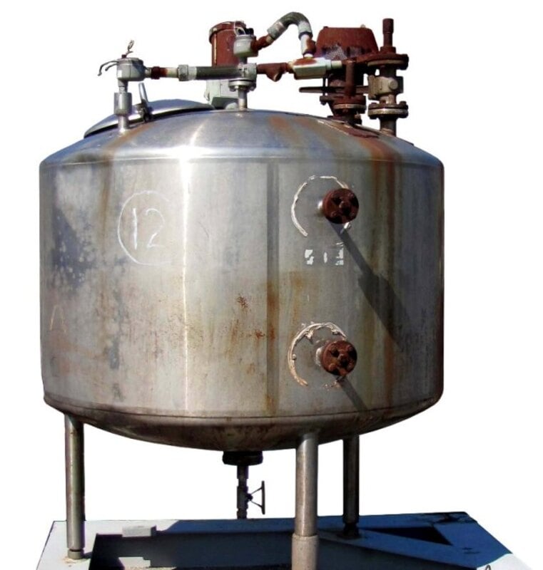 400 gallon Vertical Stainless Steel mixing tank, dish bottom & top, agitator is top mounted, mounted on steel - Image 1