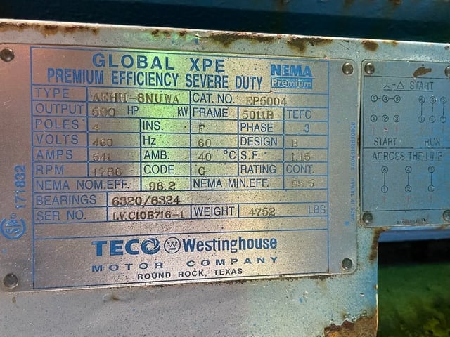 500 HP 1800 RPM Teco Westinghouse, Frame 5011B, TEFC BB, 460 Volts - Image 3
