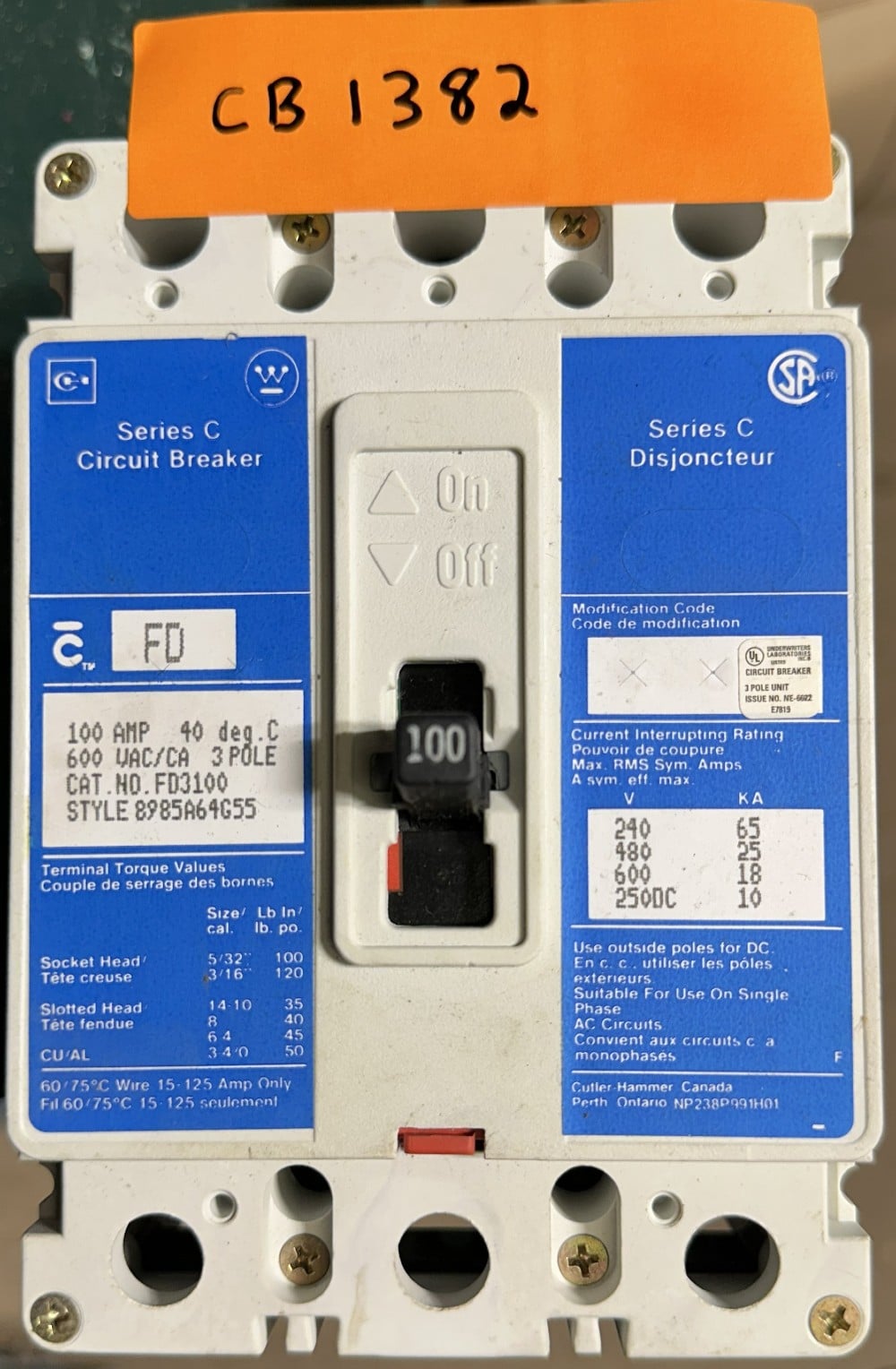 100 Amps, Cutler-Hammer, Series C, 3-Pole, Molded-Case Circuit Breaker, 600 V Max, Fixed-Trip - Image 2