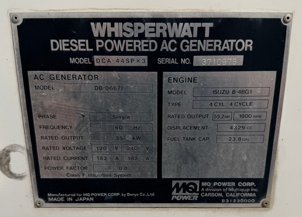 35 KW Multiquip #DCA-44SPx3, diesel generator set, 120/240 Volts, 1-phase, 1800 RPM, Isuzu B-4BG1 engine - Image 7