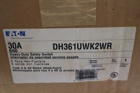 Eaton #DH361UWK2WR, Safety Switch, 30 Amp, 600 Volts, Stainless Steel, NEW - Image 2
