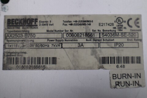 Beckhoff ax2503-b750 ser 00808218561 servo drive stock 3437-d - Image 2