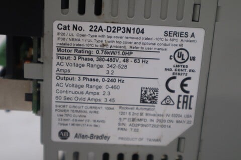 Allen Bradley 22A-D2P3N104/A PowerFlex 4 AC Drive 480V 3Ph 1 HP 2.3A STOCK H90A - Image 2