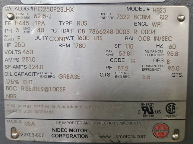 250 HP 1800 RPM U.S. Motors, Frame H445TPA, WPIBB, 460 Volts - Image 3