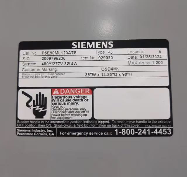 1200 Amp. Siemens, P5E90ML120ATS P5, Panelboard, 480/277 Volts, 3PH 4W MLO Panel, New - Image 3