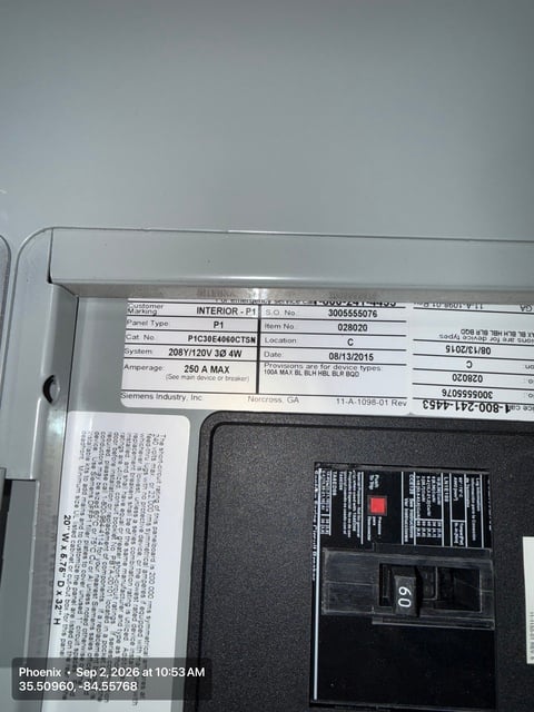 60 Amp. Siemens P1C30E4060CTSN, P1 Series Panelboard, 30-circuit, 250 amp max. bus, 208Y/120 Volts, surface - Image 2