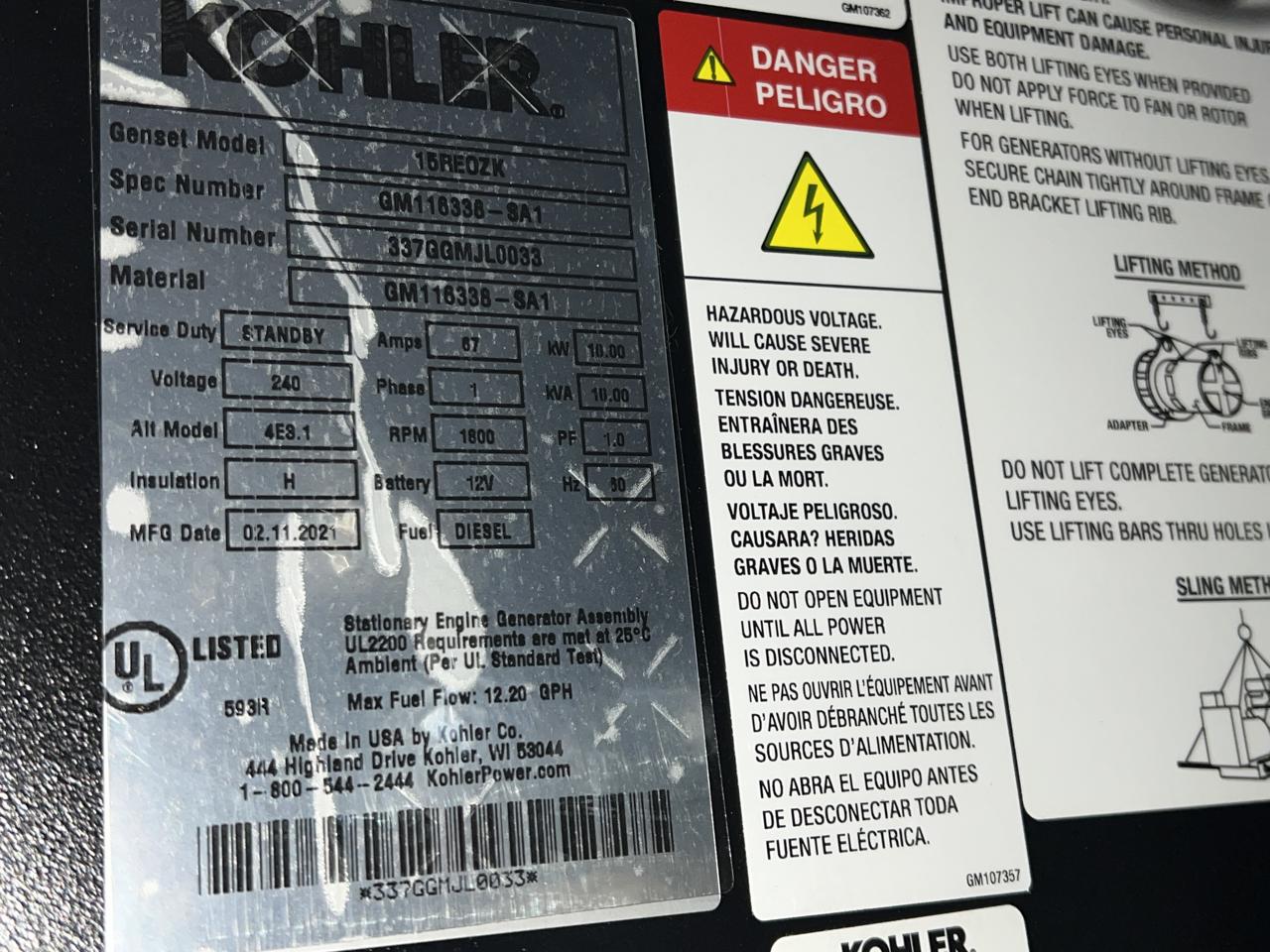 15 KW Kohler #15REOZK, diesel generator set, 120/240 Volts, 1-phase, sound attenuated enclosure, EPA Tier 3 - Image 9