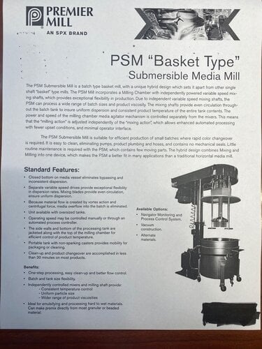 Premier Mill #PSDM-55, Submersible Basket Media Mill, 10 HP mill motor, 2 HP mixer motor, 208 V., 3 Ph. - Image 9