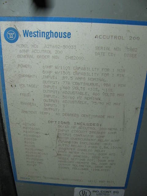 60 HP Westinghouse, Accutrol-200 -A2T602-50033, AC Variable Frequency Drive - Image 2