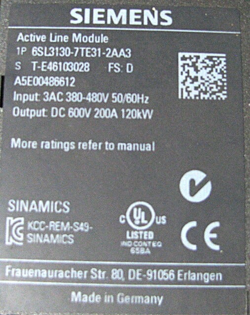 150 HP Siemens, 6SL3130-7TE31-2AA3, Wall Mounted AC Variable Frequency Drive, active line module, 200 amps - Image 2