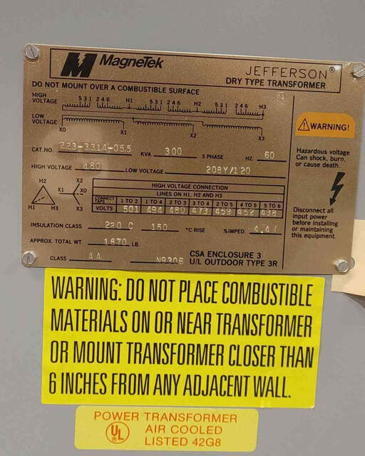 300 KVA 480 Primary, 208Y/120 Sec, MagneTek Jefferson, Dry Type Transformer, NEMA 3R, 3PH - Image 3