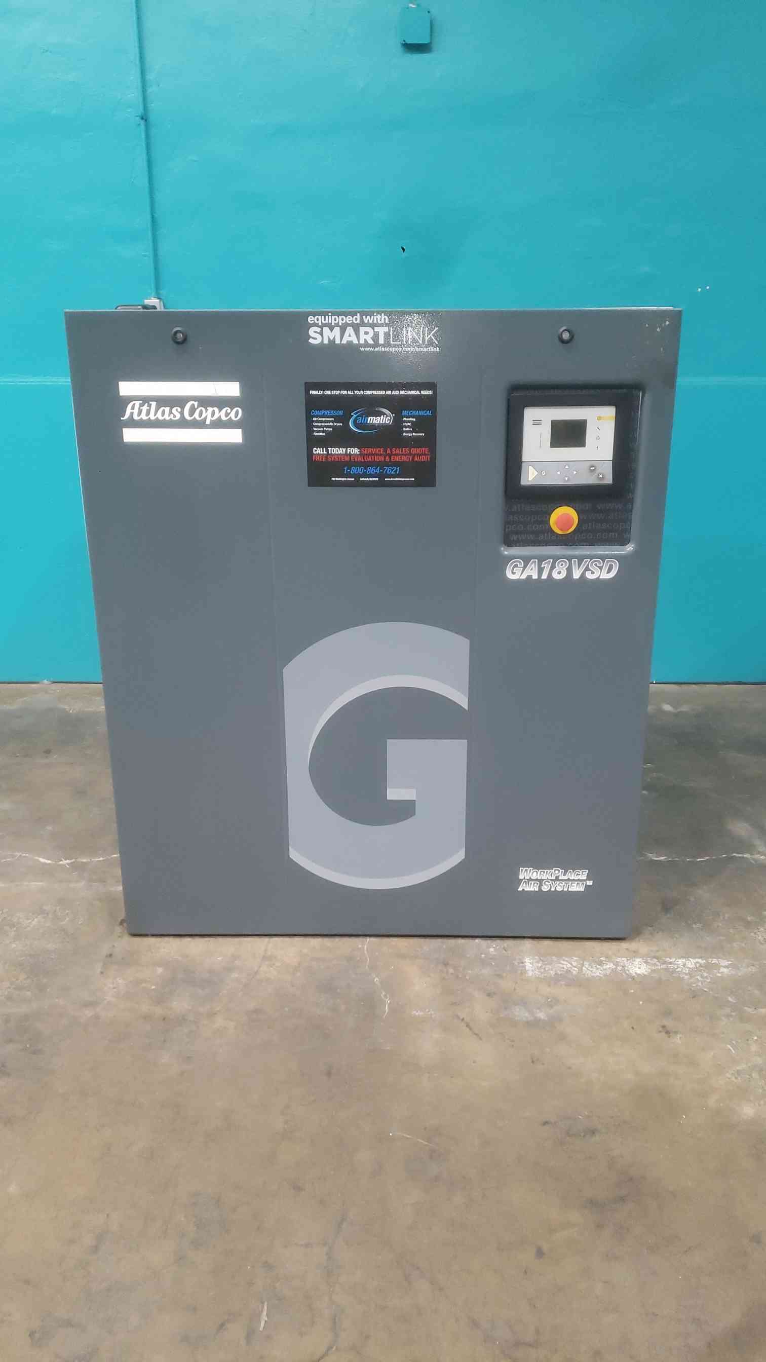 127 cfm, 189 psi, Atlas Copco #GA18VSD, rotary screw air compressor, 25 HP, 230 V., 3PH, 2012 - Image 1
