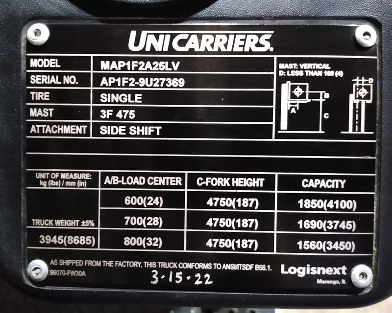 5000 lb. Unicarriers #MAPIF2A25LV, LP gas pneumatic tire forklift, side shift, 48" forks, 2022 (2 available) - Image 5