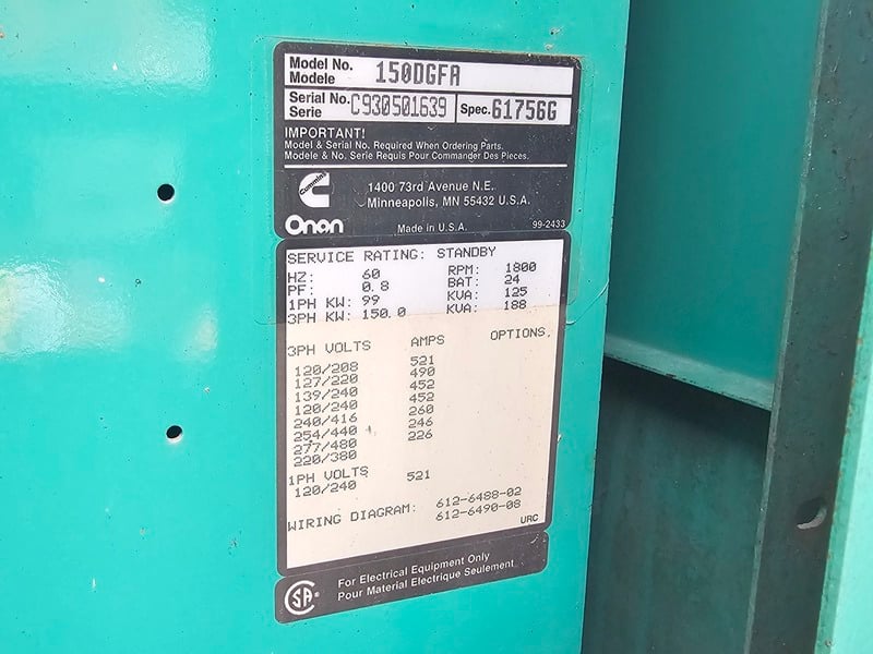150 KW Cummins Onan #150DGFA, Diesel Generator, multi-voltage selector, 277 HP engine, 1800 RPM, skid - Image 2