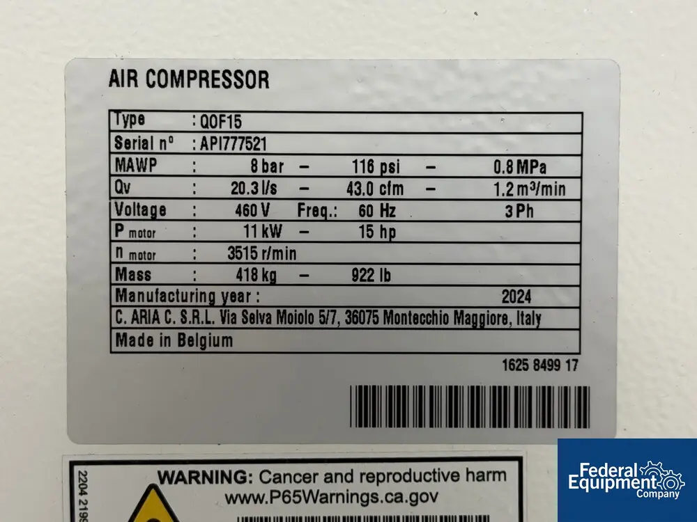 43 CFM, 116 psi, Quincy #Q0F15, air compressor, 15 HP, 460 V., air cooled, 2024 - Image 2