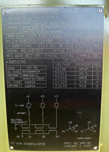 1000 KVA 24940GrdY/14400 Primary, 600Y/347 Secondary, ABB, Padmount Transformer, 3PH, 60 Hz., 2003, (2 - Image 3