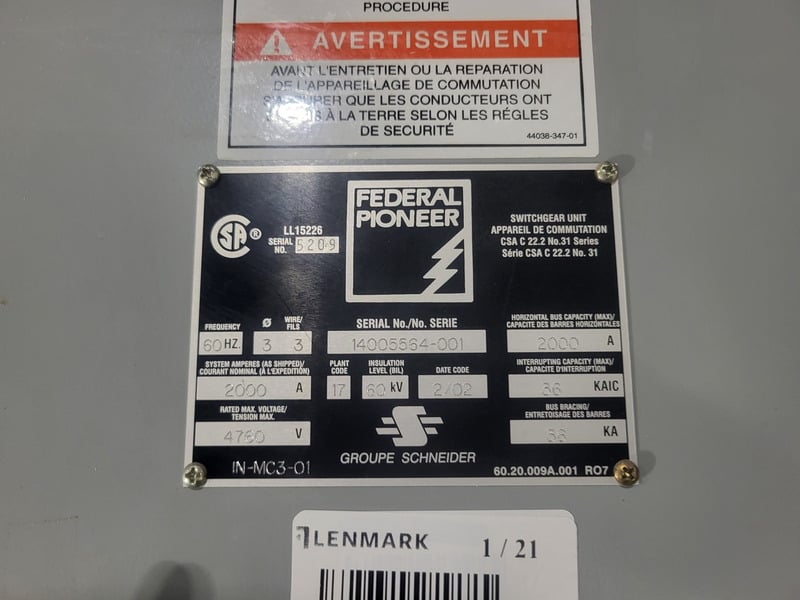 Federal Pioneer, Medium Voltage Metal-Clad Switchgear Cell, 2000 amp, 4760 Volt, SEL relay, 3PH, 2002 - Image 2