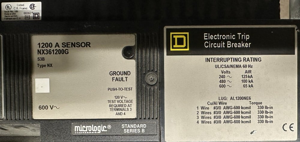 1200 Amps, Square D, Type NX Insulated Case Circuit Breaker, 3-pole, 600V Max., 1200A Sensor, 1200A Rating - Image 1