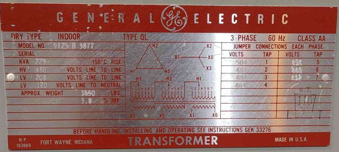 225 KVA 480 Delta Primary, 208Y/120 Secondary, General Electric #9T23B3877, Dry Type Transformer, 3 Phase - Image 3