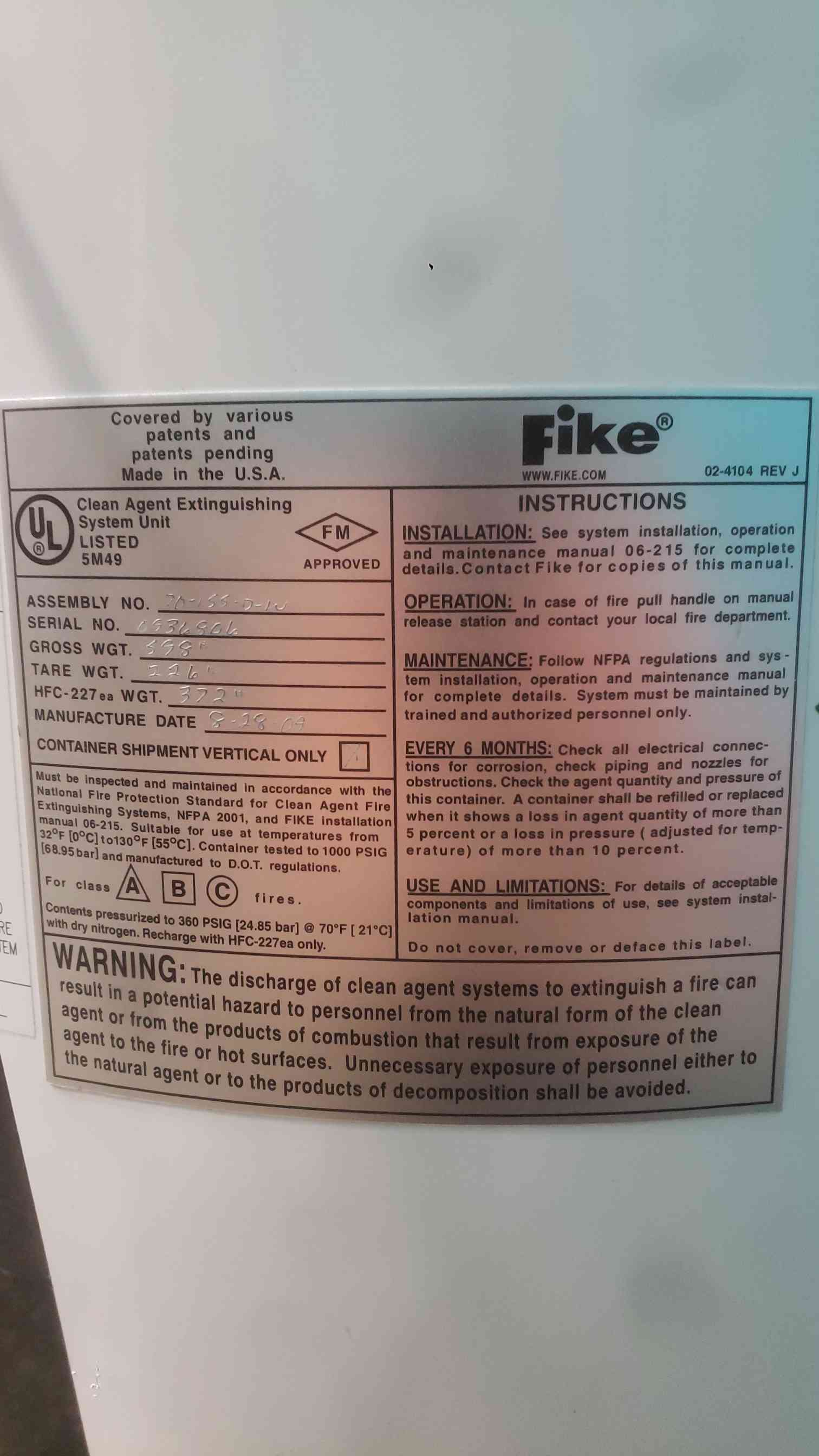 372 lbs. Fike, Fire Suppression System, HFC-227 FM-200 Agent - Image 2