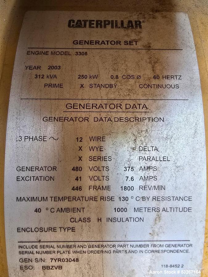 250 KW Caterpillar #3306DI, Diesel Generator, 480 Volts, 3-phase, 1800 RPM, 300 gallon base tank, transfer - Image 5